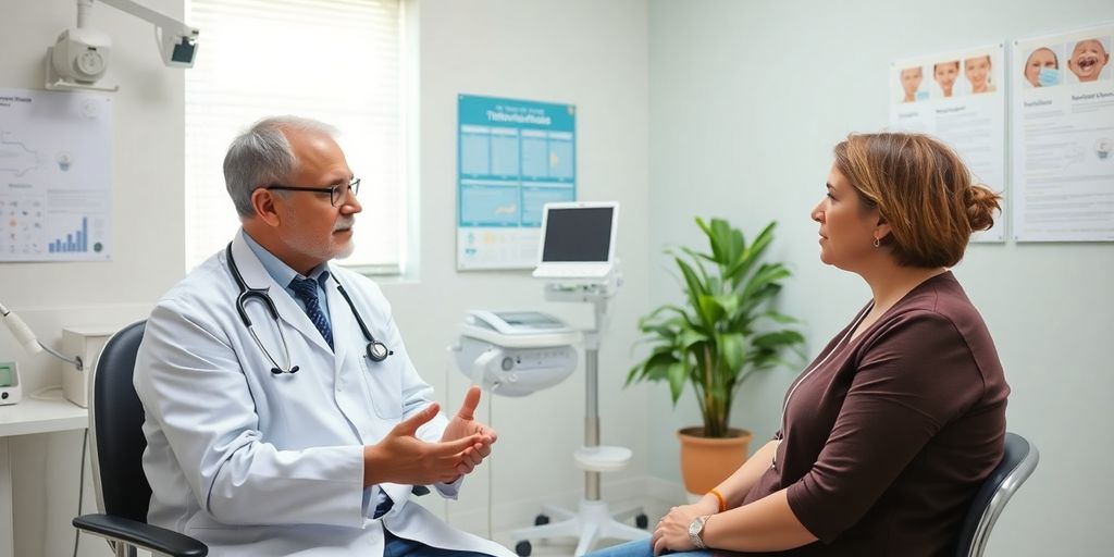 Trichuriasis: Patient und Arzt in einer hellen Arztpraxis.