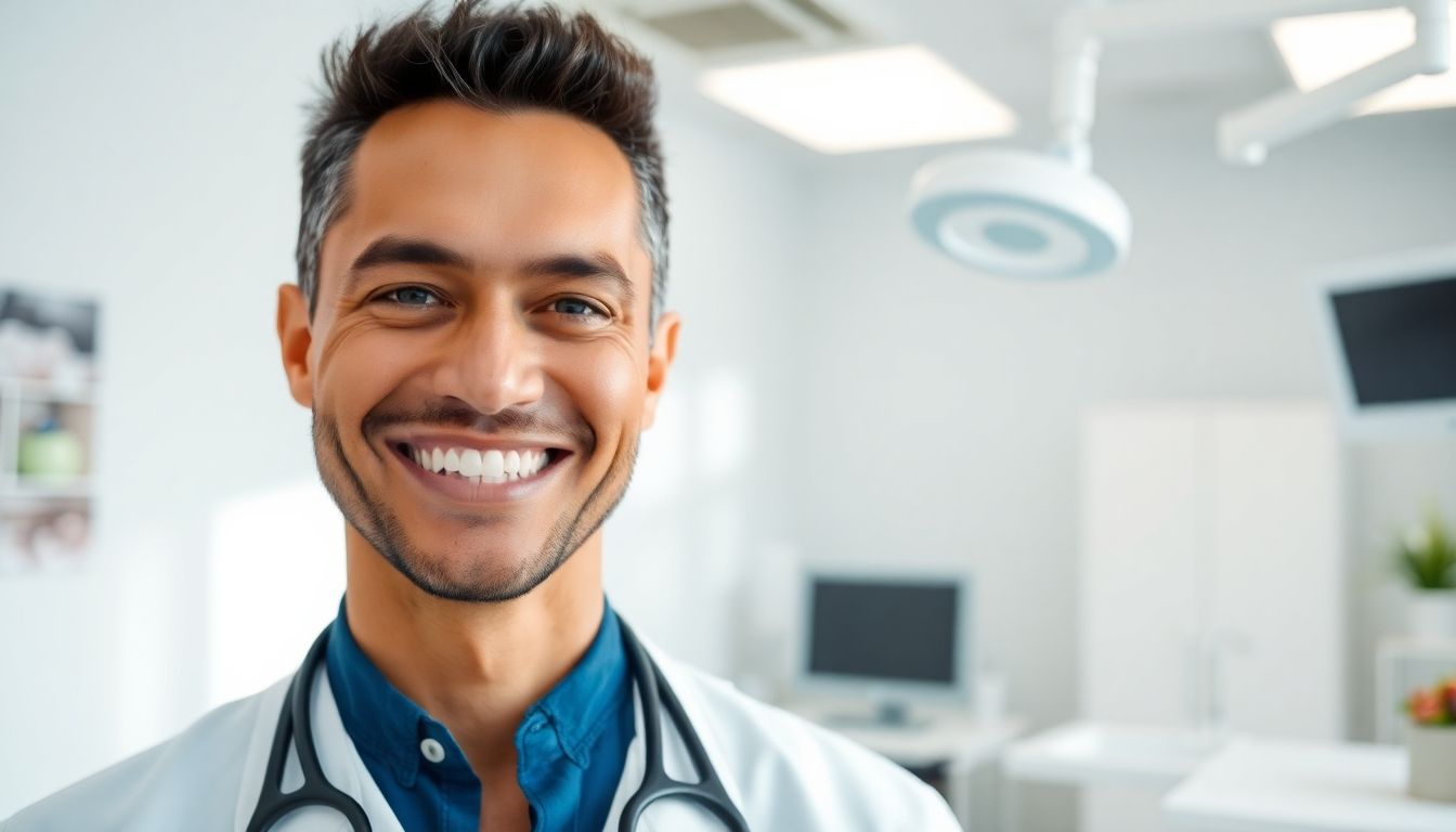 Zystektomie: Smiling doctor in a bright medical practice.