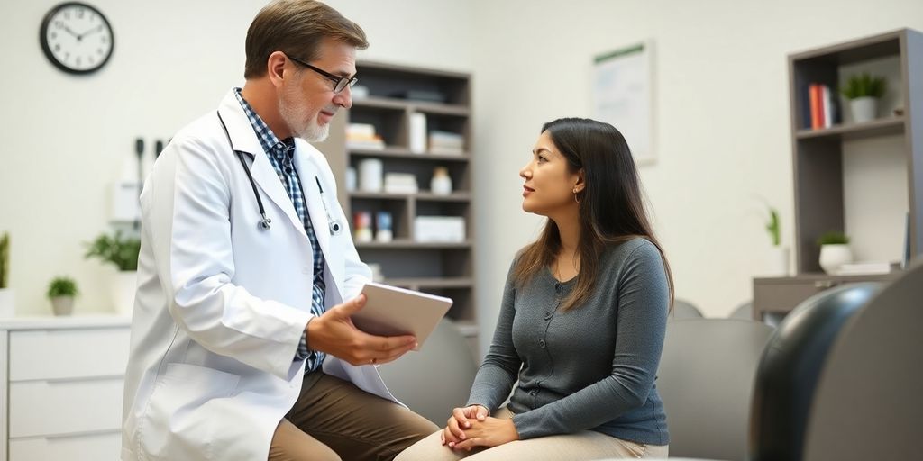 Schilddrüsenvergrößerung: Patient und Arzt in einer hellen Arztpraxis.