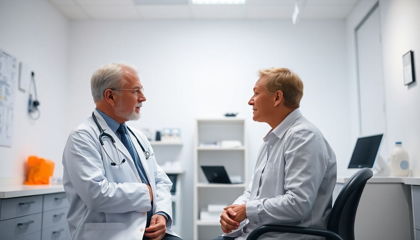 Reizdarm Unterstützungssysteme: Doctor and patient discussing in a bright medical office.