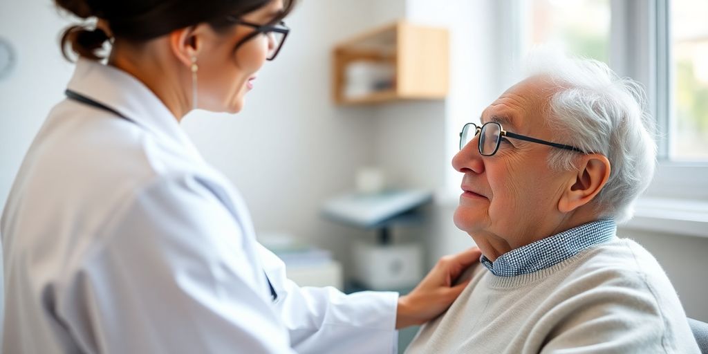 Zyanose: Arzt konsultiert älteren Patienten in einer medizinischen Praxis.
