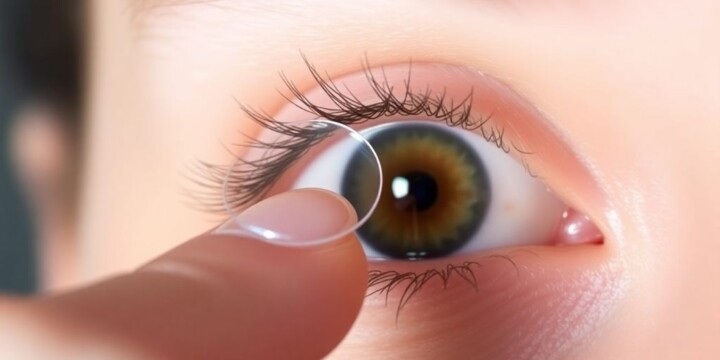 Frau setzt Kontaktlinse ein, Nahaufnahme Auge.