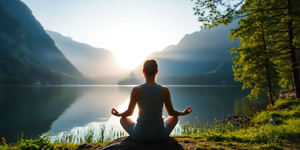 Meditierende Person am ruhigen See in der Natur.