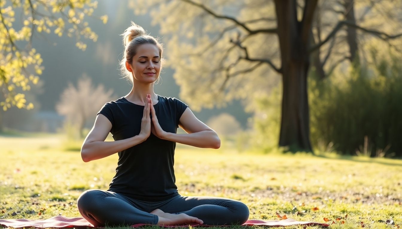 Frau in einer Yoga-Pose auf einer Matte, umgeben von ruhiger Natur.