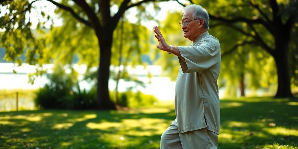 Ältere Person Tai-Chi im Park praktizierend.