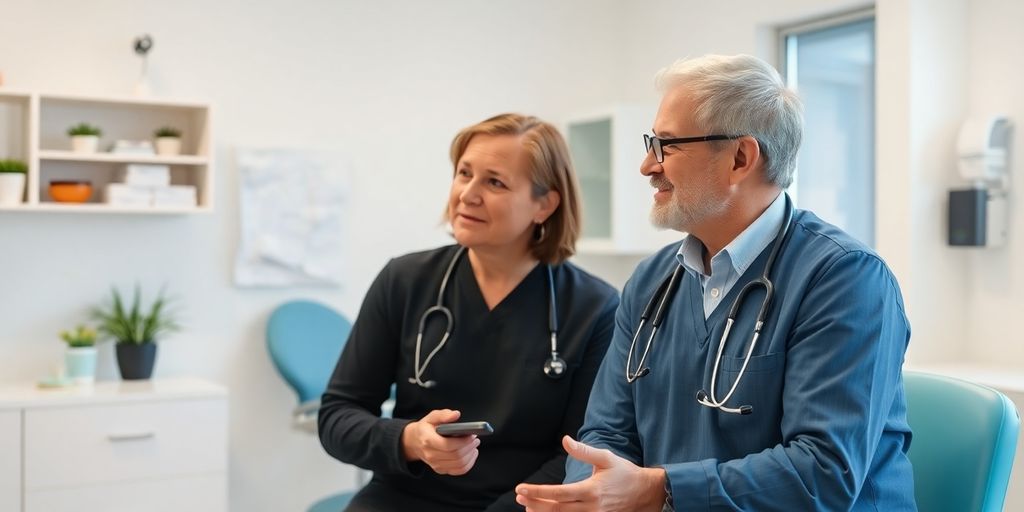 Vaskulitis: Patient und Arzt im hellen medizinischen Raum.