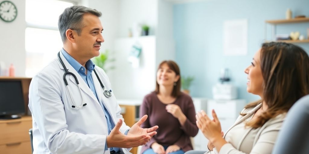 Ein Patient spricht mit einem Arzt in einer Praxis.