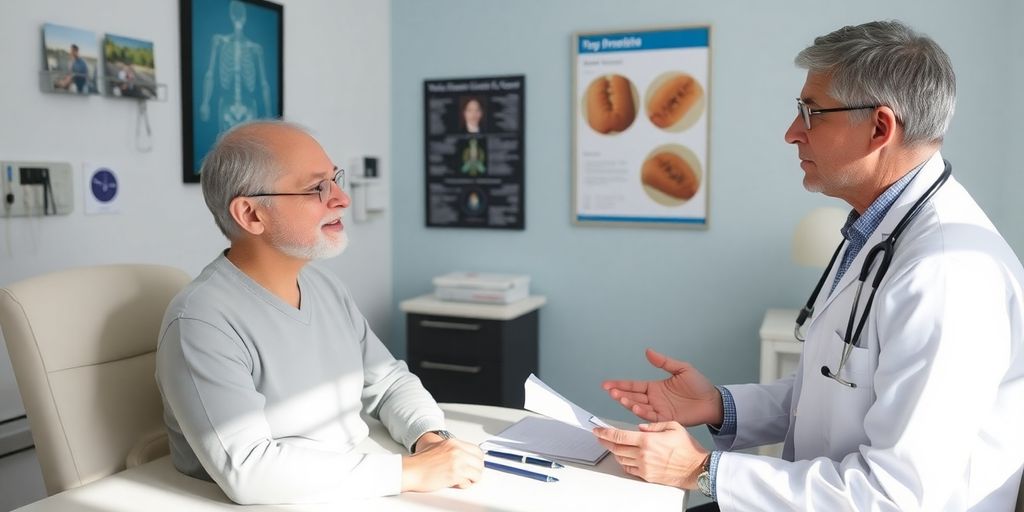 Patient und Arzt in heller Arztpraxis während der Untersuchung.