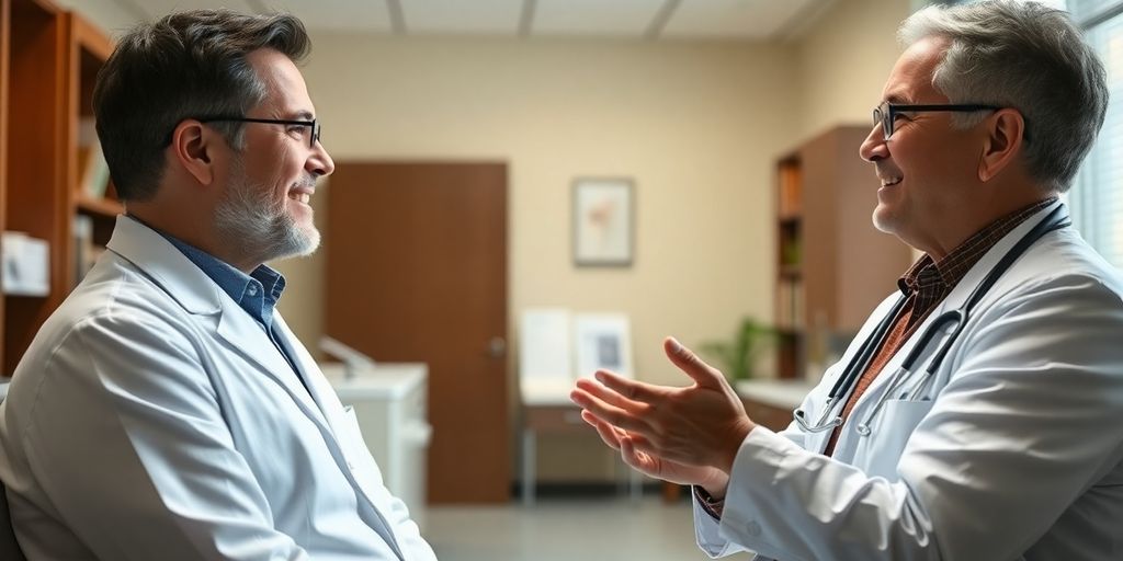 Bursitis: Patient und Arzt in einer hellen Arztpraxis.