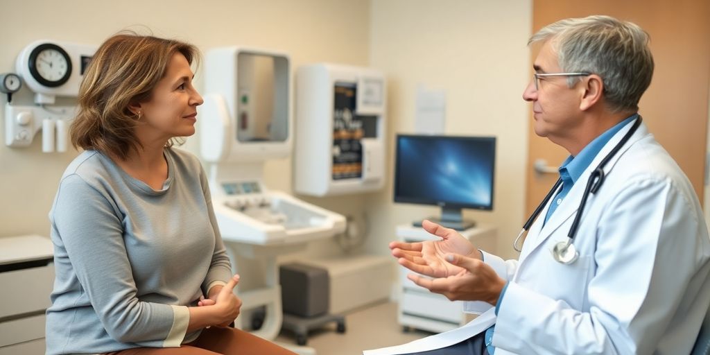 Diagnose von Wechseljahresbeschwerden: Patientin und Arzt im hellen medizinischen Raum.