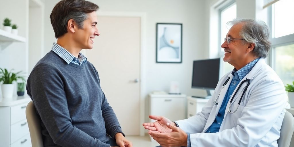 Trigeminusneuralgie: Arzt und Patient in heller Arztpraxis im Gespräch.