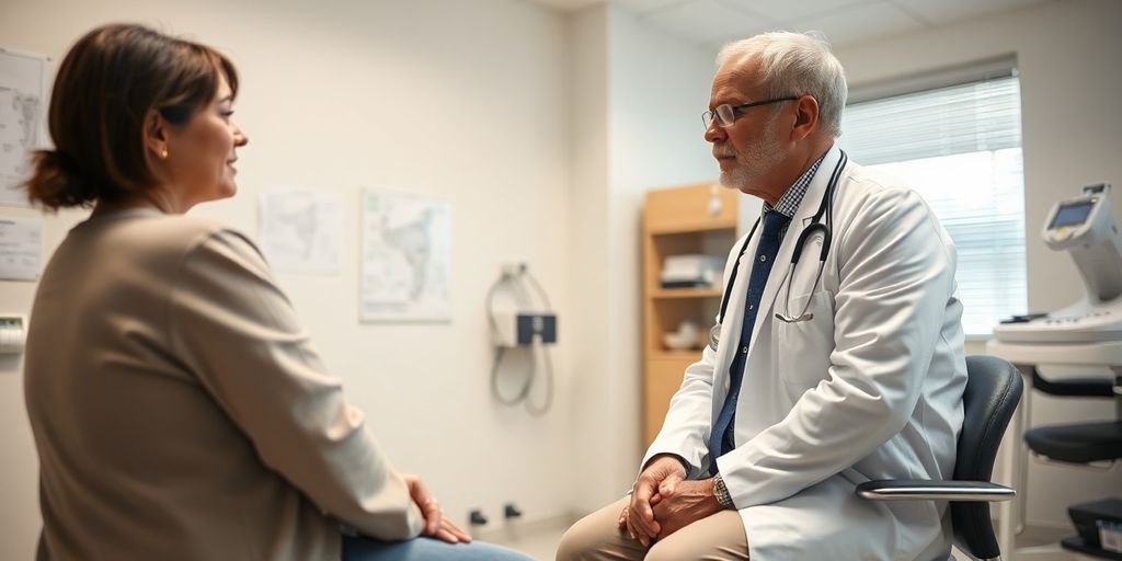 Wadenbeinbruch: Patient und Arzt in einer hellen Arztpraxis.