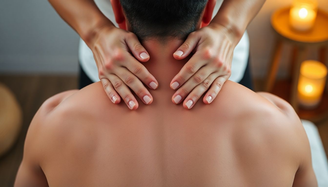 Hände einer Masseurin führen eine Tuina-Massage am Rücken eines Mannes durch.