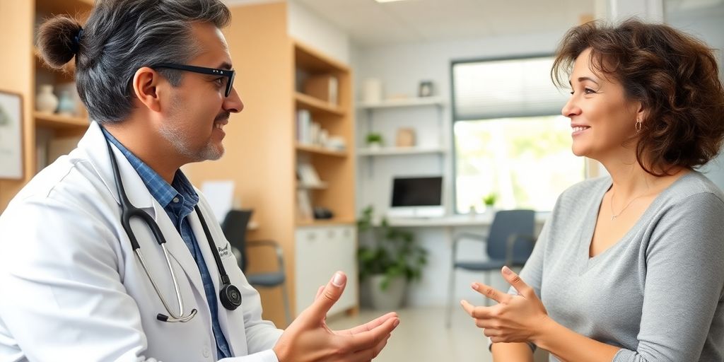 Primär sklerosierende Cholangitis: Arzt und Patient im hellen medizinischen Raum.