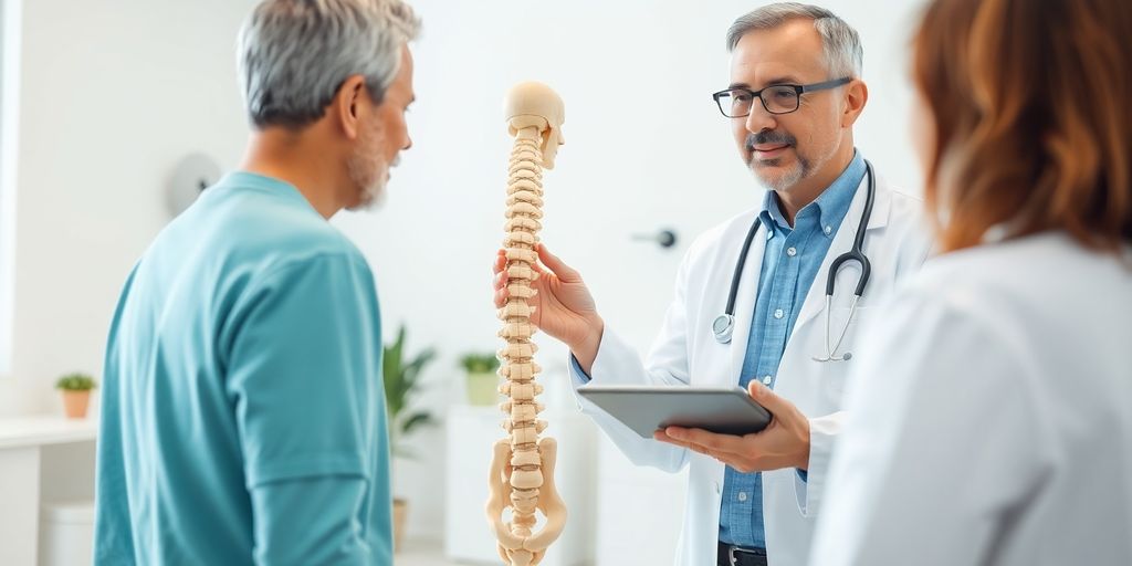 Patient und Arzt in einer hellen Arztpraxis zur Skoliosebehandlung.