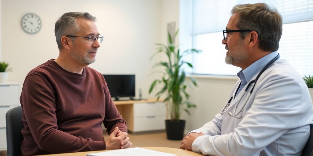 Patient und Arzt im hellen medizinischen Raum.