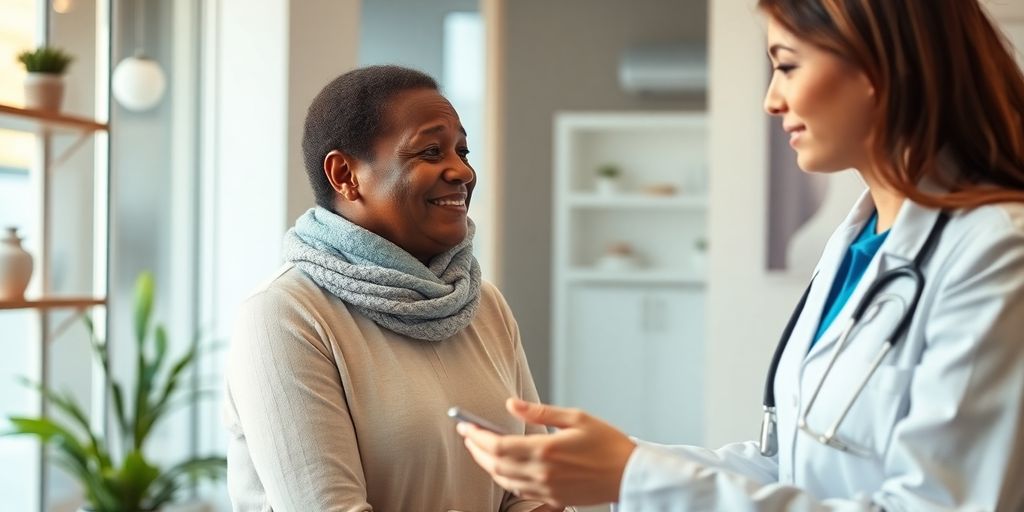 Morbus Fabry: Patient und Arzt in einer hellen Arztpraxis.