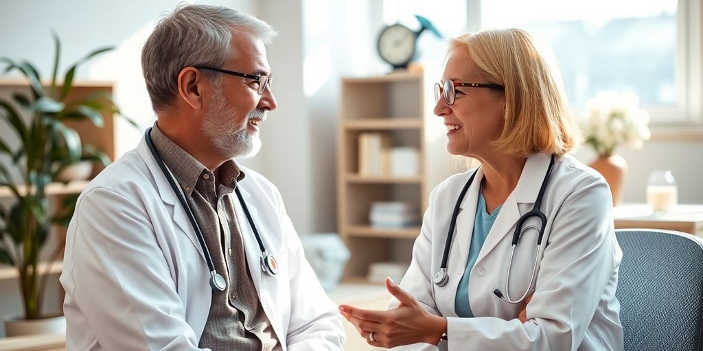 Morbus Fabry: Patient und Arzt in heller Arztpraxis im Gespräch.