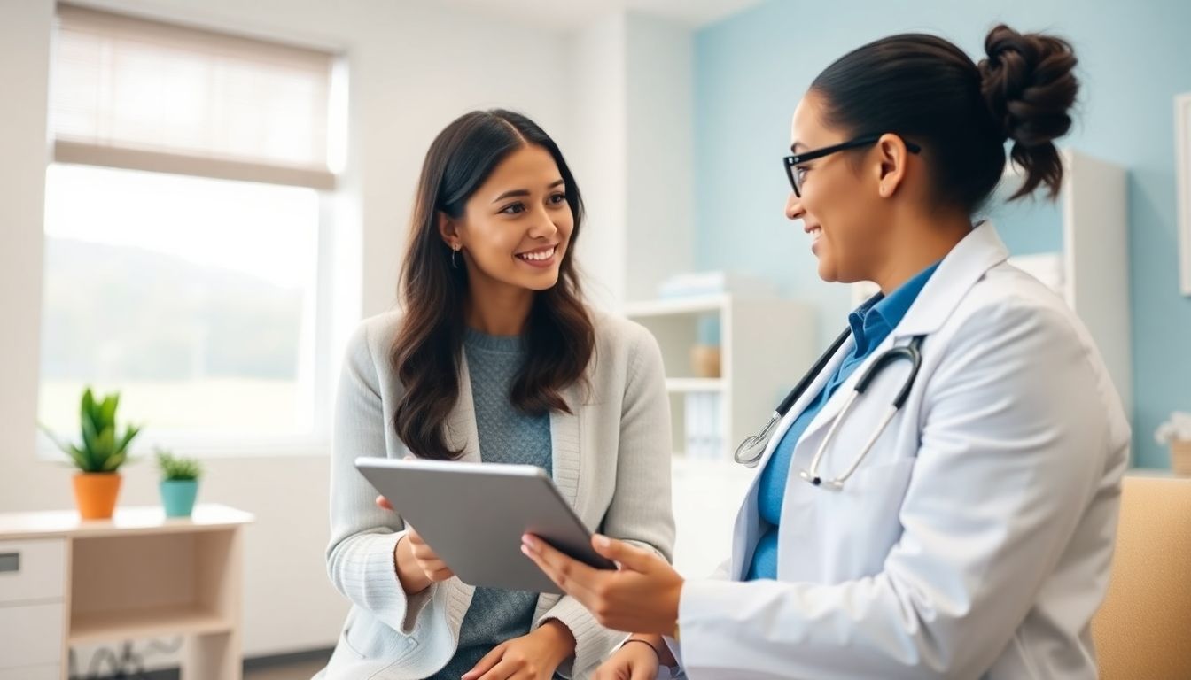 Diagnoseverfahren für Polyzystisches Ovarialsyndrom: Doctor discussing PCOS with a patient in bright office.