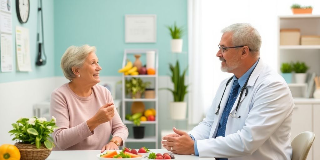 Patient im Gespräch mit Arzt über Ernährungsmöglichkeiten.