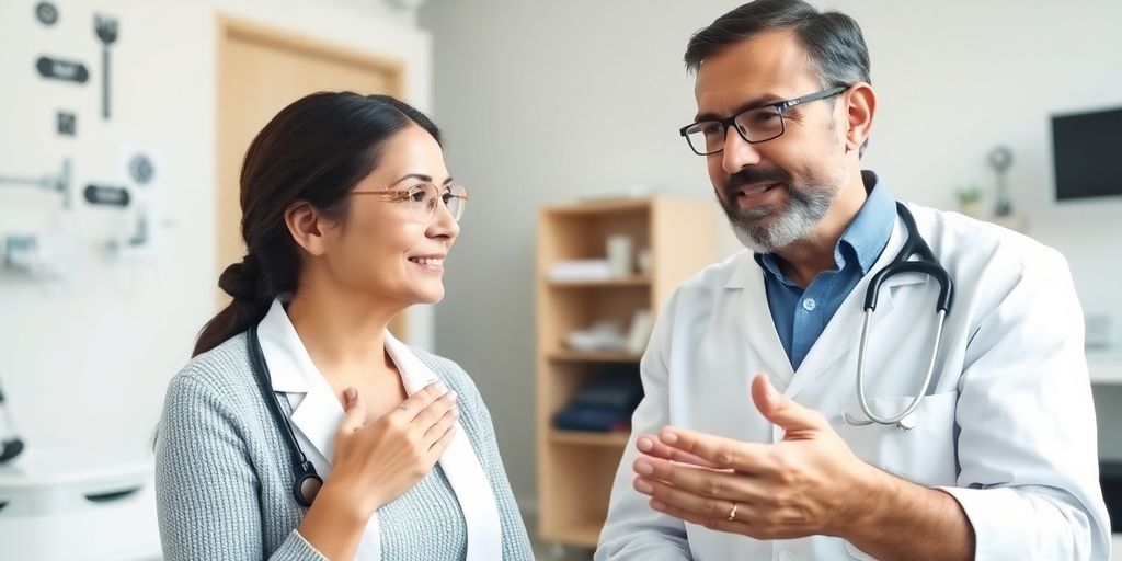 Patient und Arzt im hellen medizinischen Raum.