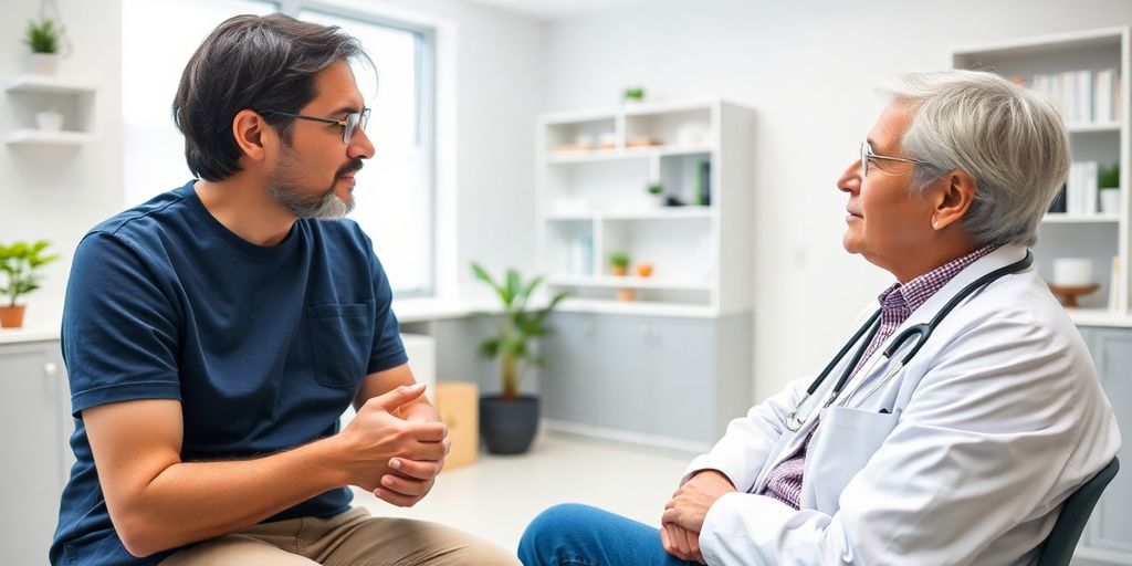 Patient und Arzt in einer hellen Arztpraxis.