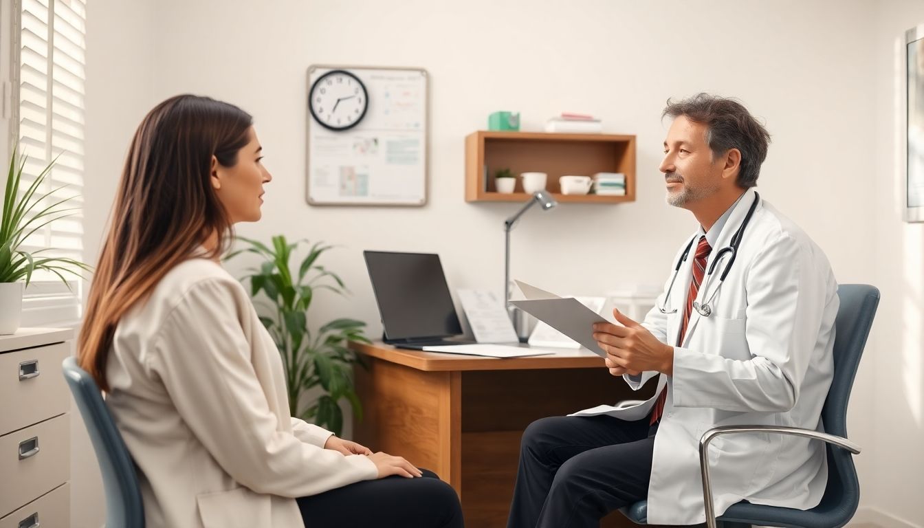 Schlafstörungen: Ältere Menschen - Doctor and patient in a bright medical office discussing sleep.