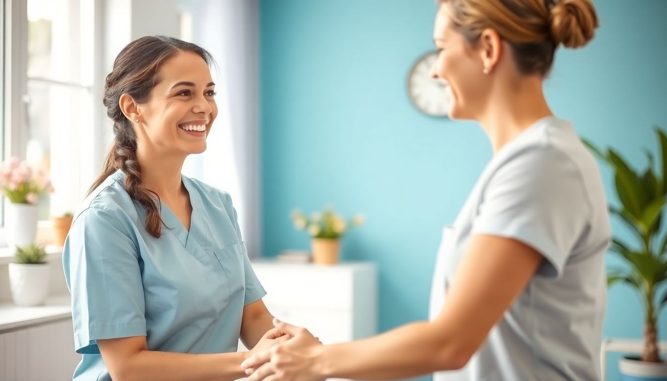 Weichteiltrauma: Smiling therapist in a bright practice setting.