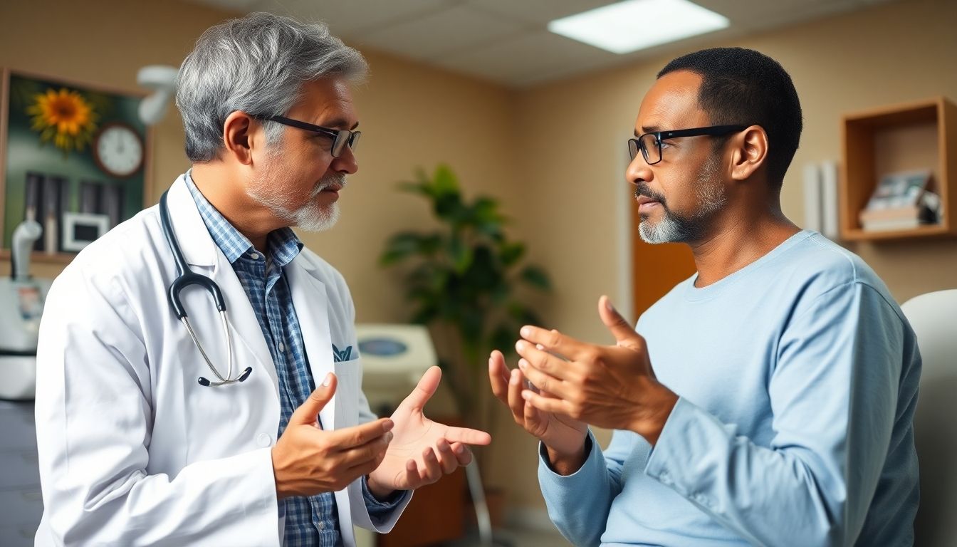Ursachen vom Tropengeschwür: Doctor and patient discussing tropical ulcers in a clinic.