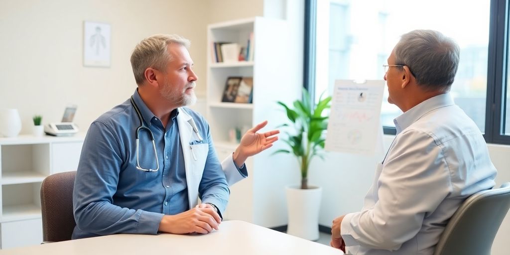 Patient und Arzt in einer hellen Arztpraxis.