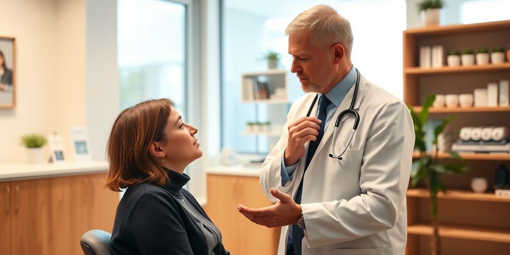 Patient und Arzt in einer hellen Arztpraxis.