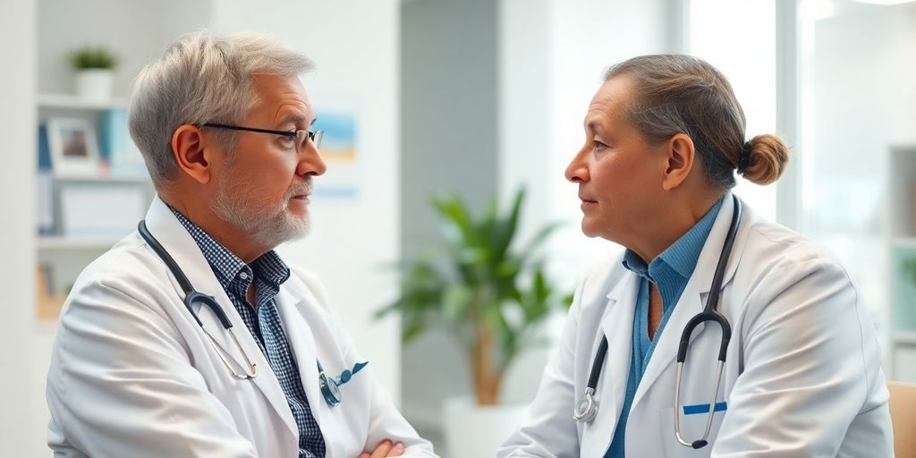 Patient und Arzt in einer hellen Arztpraxis.