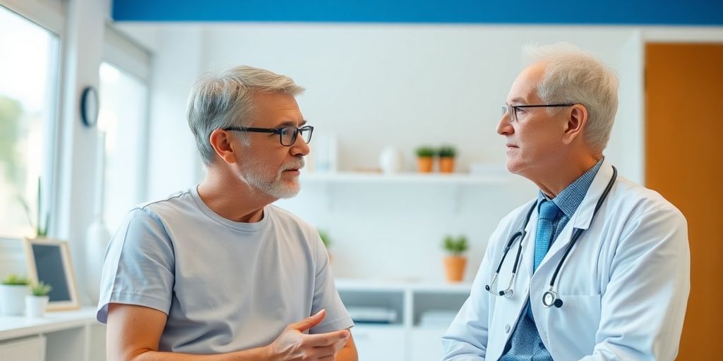 Krankheitsverlauf der Tuberkulose: Patient und Arzt in heller Arztpraxis bei Beratung