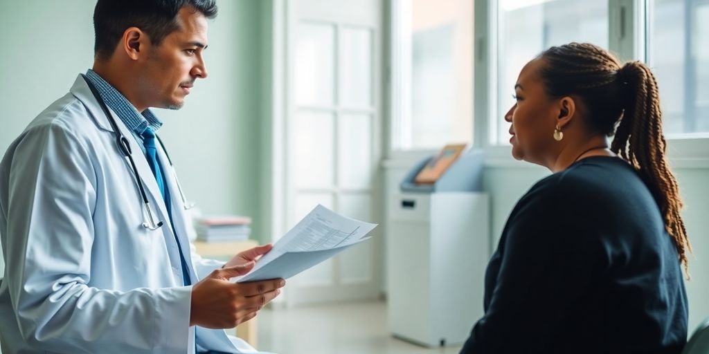 Patient und Arzt in einer hellen Arztpraxis.