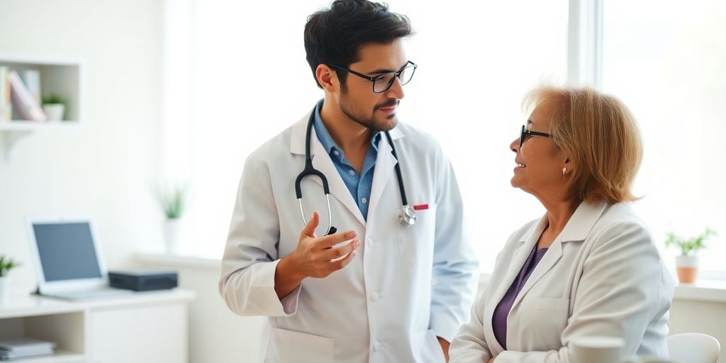Takotsubo Syndrom: Patient und Arzt im hellen medizinischen Raum