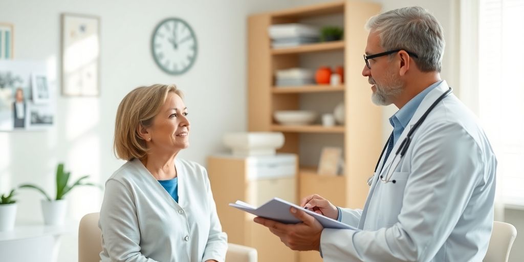 Patient und Arzt im Gespräch in einer Praxis.