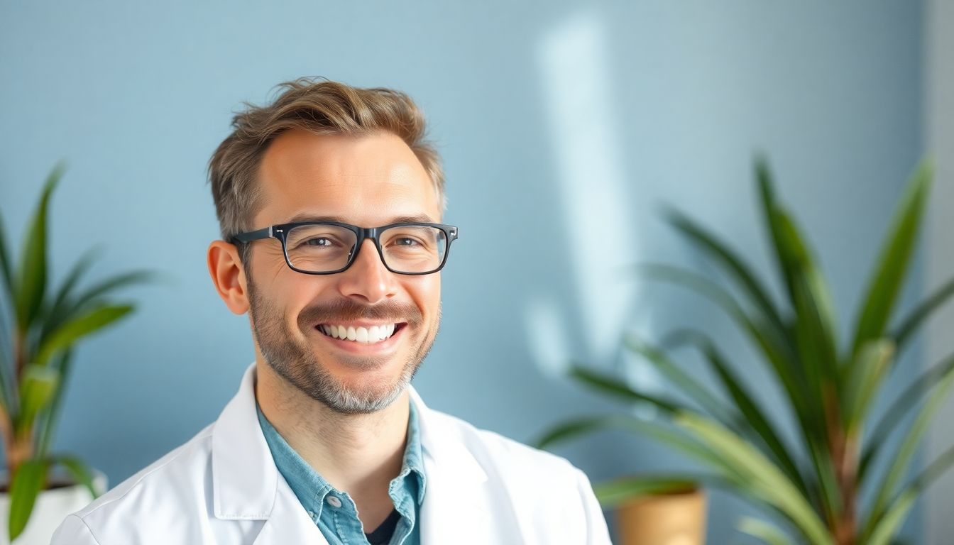 Zahnarzt lächelt mit einer perfekt sitzenden Zahnprothese.