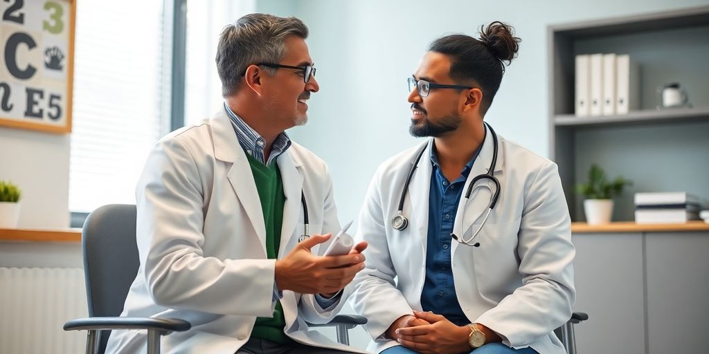 Tetanus: Patient und Arzt in einer hellen Arztpraxis.