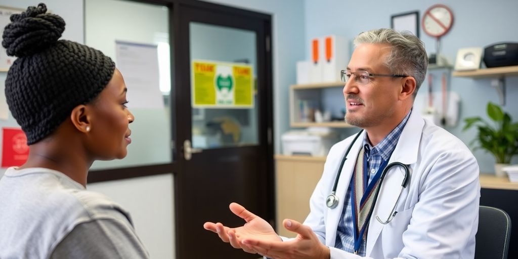 Patient und Arzt in einer hellen Arztpraxis.