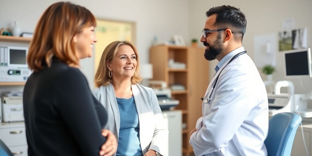 PCOS: Patient und Arzt im Gespräch in einer hellen Praxis.