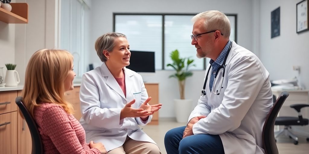 Patient und Arzt in einer hellen Arztpraxis.