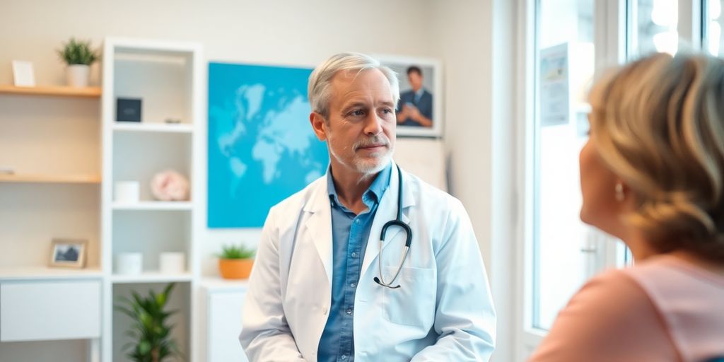 Patient und Arzt in einer hellen Arztpraxis.
