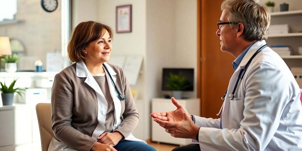 Patient und Arzt in heller medizinischer Praxis.