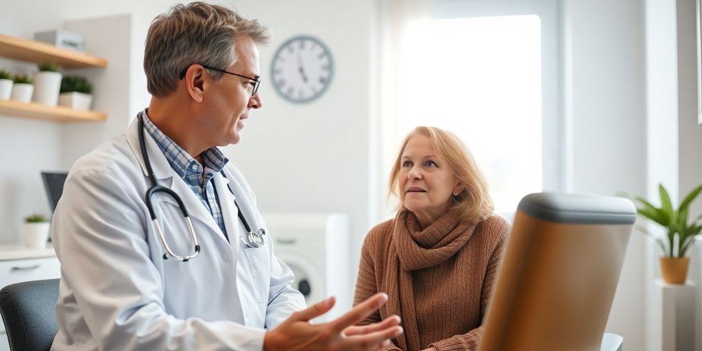 Pfeiffersches Drüsenfieber: Patient und Arzt in einer hellen Arztpraxis.