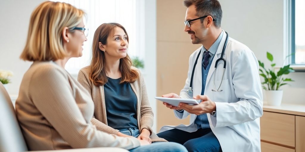 Patient und Arzt in heller Arztpraxis.