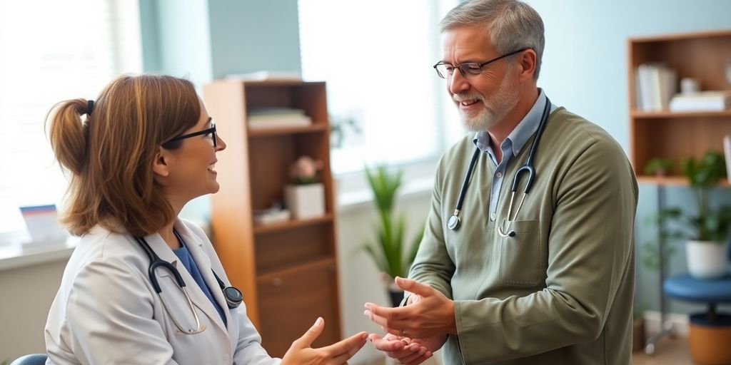 Sehnenscheidenentzündung: Arzt und Patient im Gespräch in der Arztpraxis.