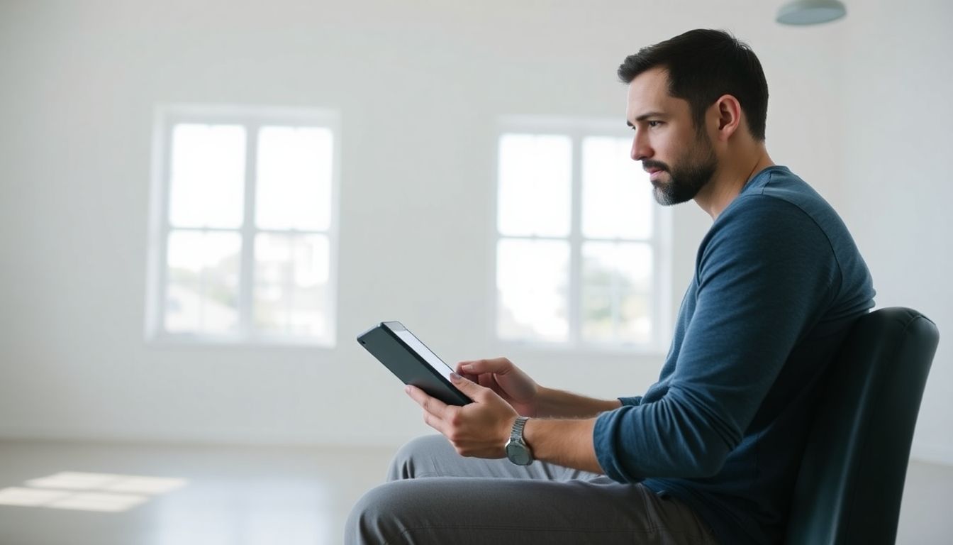 Komplikationen bei Plantarfasziitis: Mann mit Tablet
