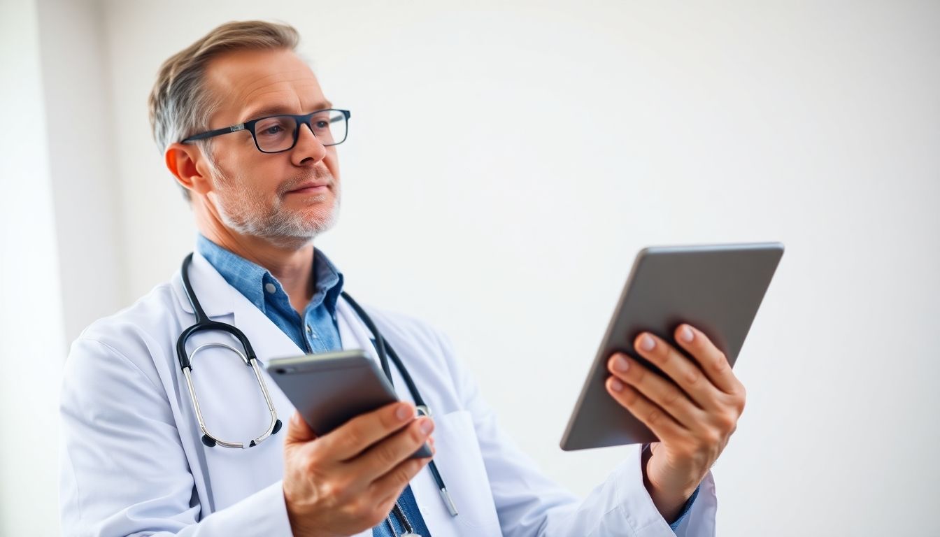 Plantarfasziitis vorbeugen: Arzt mit Tablet in heller Praxis.