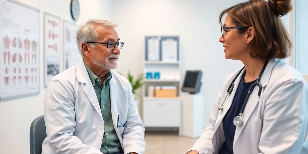 Patient und Arzt im Gespräch über Nierenkrebs-Behandlung.