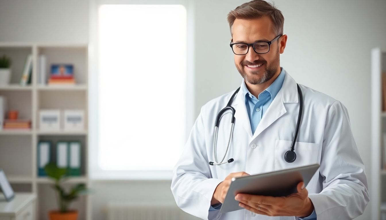 Ursachen der Thrombopenie: Arzt mit Tablet in moderner Praxis